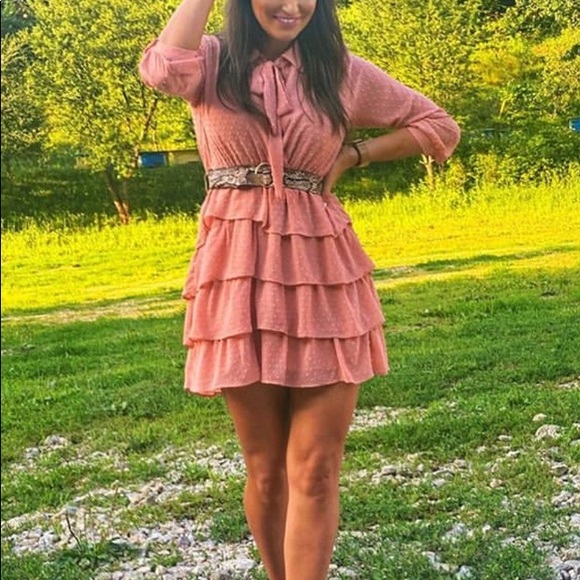 Zara Belted Dotted Mesh Tiered Dress Peach Pink S - Picture 7 of 15